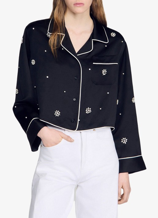 Sandro Cropped blouse met borstzak en stras - detail 2 zwart