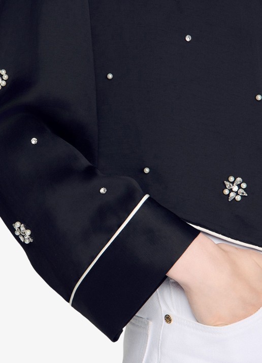Sandro Cropped blouse met borstzak en stras - detail 4 zwart