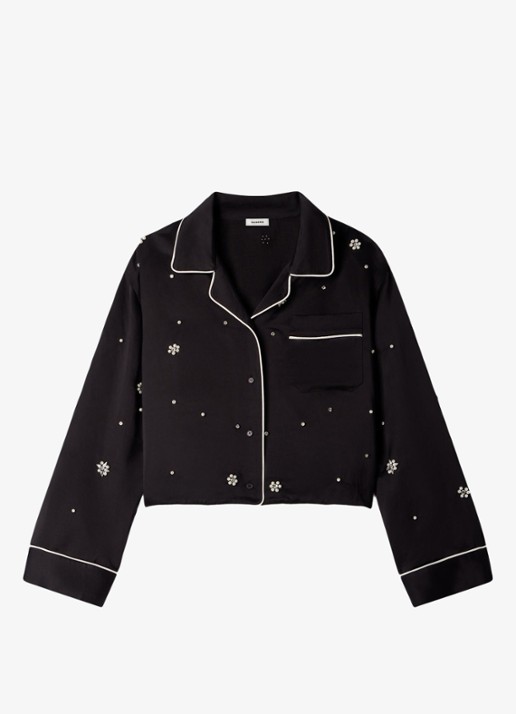 Sandro Cropped blouse met borstzak en stras - voorkant 6 zwart