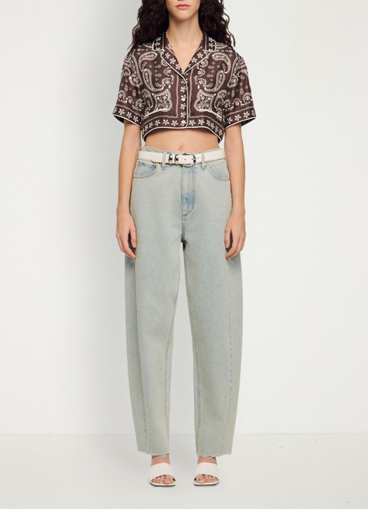 Sandro Cropped blouse met met jacquard dessin - detail 4 taupe / wit