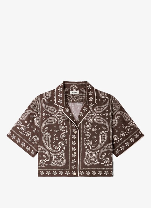 Sandro Cropped blouse met met jacquard dessin - voorkant 5 taupe / wit