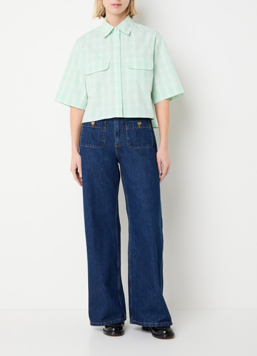 Sandro Cropped blouse met ruitdessin en klepzakken - voorkant 2 lichtgroen