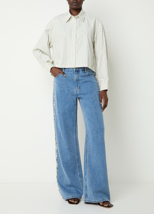 Sandro Cropped blouse met streepprint en strass - voorkant 2 creme
