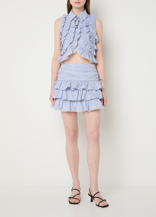 Sandro Cropped blouse met streepprint en volant - voorkant 4 blauw