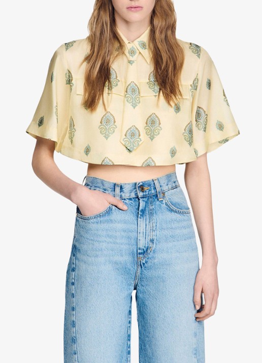 Sandro Cropped blouse met stropdas en paisley dessin - detail 3 lichtgeel