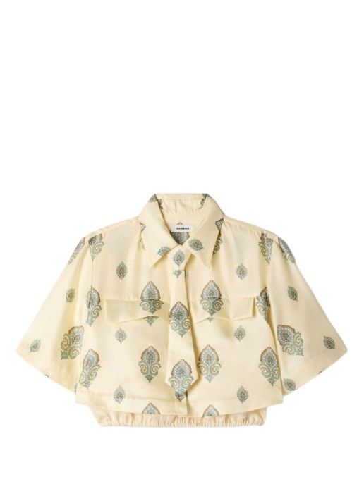Sandro Cropped blouse met stropdas en paisley dessin - voorkant lichtgeel