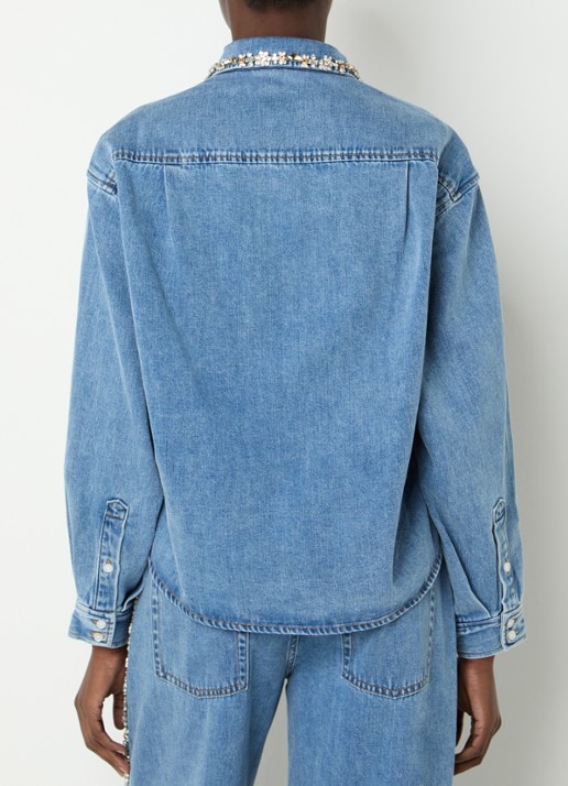 Sandro Cropped blouse van denim met strass - achterkant 3 donkerblauw