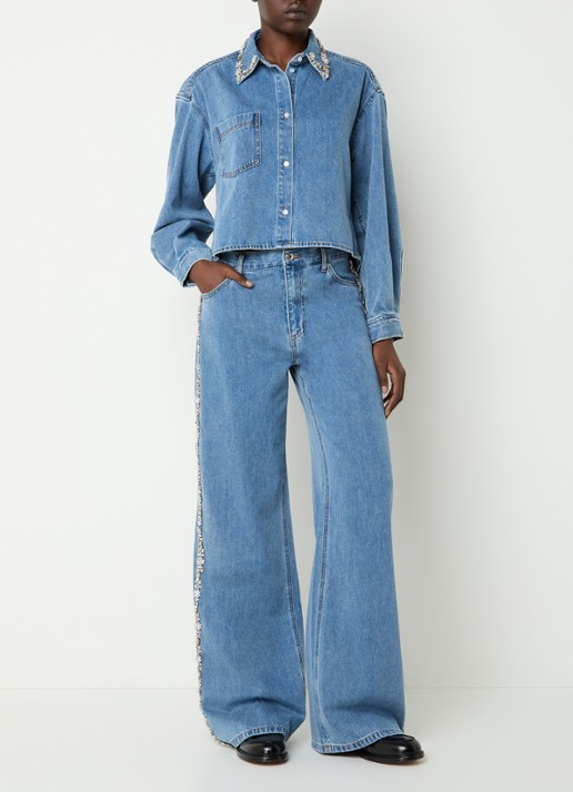 Sandro Cropped blouse van denim met strass - voorkant 2 donkerblauw
