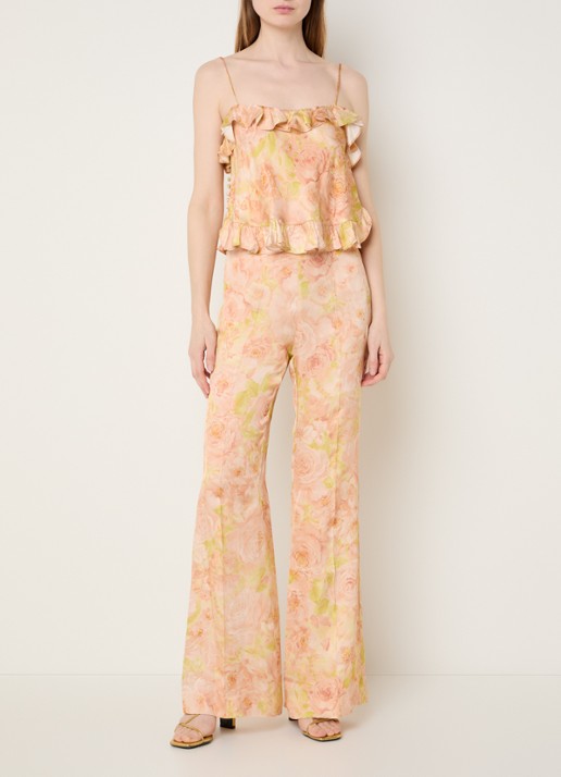 Sandro Cropped spaghettitop met bloemenprint en ruches - voorkant 2 zalmroze