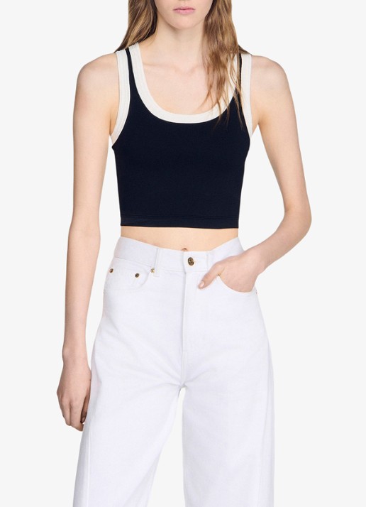 Sandro Cropped tanktop met contrasterende kleuren - detail zwart