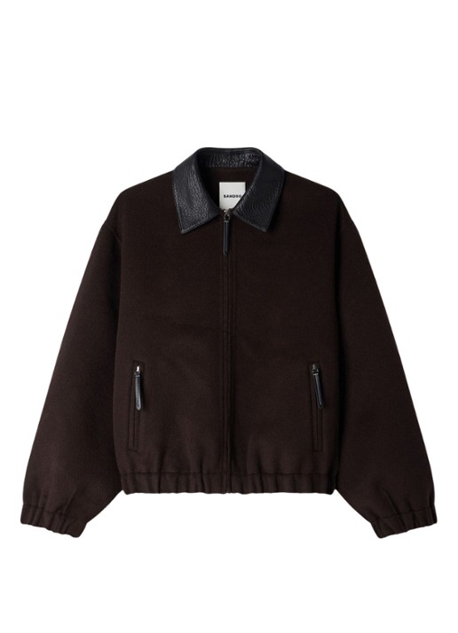 Sandro Double-faced leather collar jacket - voorkant black brown / bruin