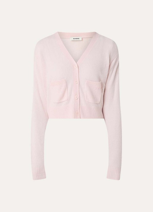Sandro Fijngebreid cropped vest in kasjmierblend met opgestikte zakken - voorkant 2 lichtroze