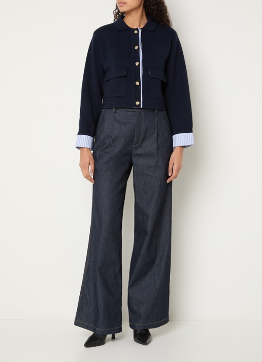 Sandro Fijngebreid cropped vest in wolblend met klepzakken - voorkant 2 donkerblauw
