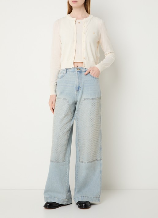 Sandro Fijngebreid cropped vest met logo - voorkant 2 beige