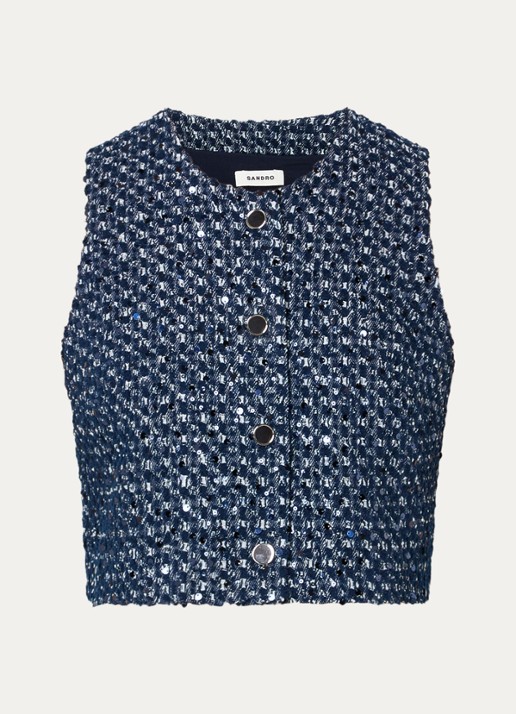 Sandro Fijngebreid gilet met pailletten - voorkant 2 royalblauw