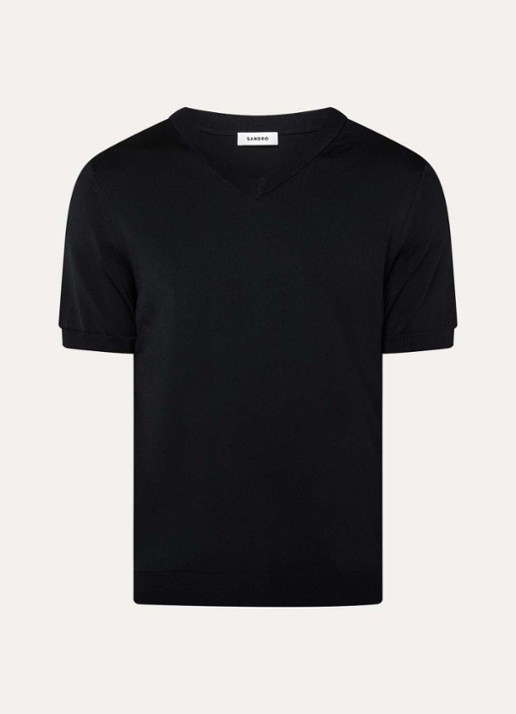 Sandro Fijngebreid T-shirt met V-hals - voorkant 3 zwart