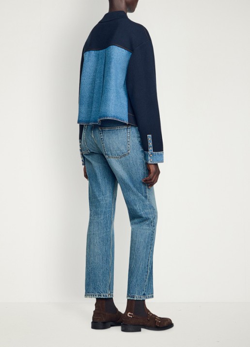 Sandro Fijngebreid vest met details van denim - achterkant 6 donkerblauw