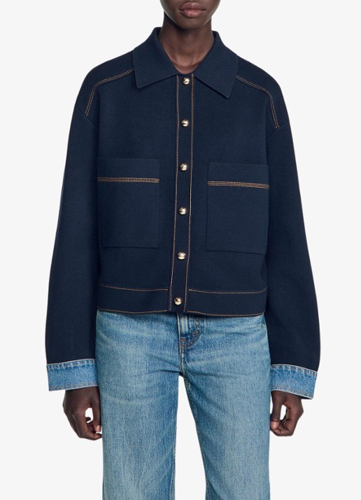 Sandro Fijngebreid vest met details van denim