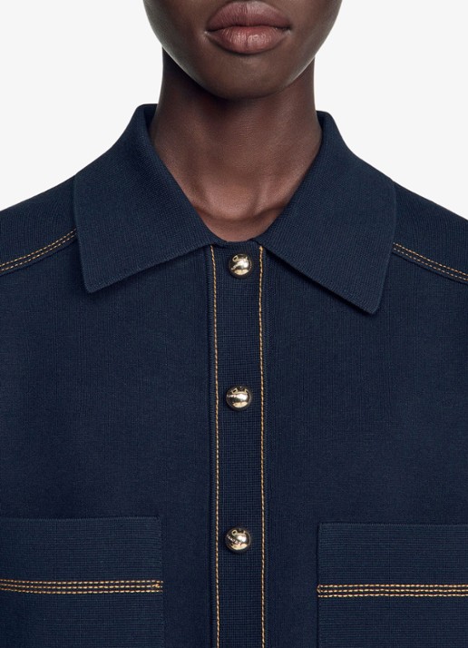 Sandro Fijngebreid vest met details van denim - detail 4 donkerblauw