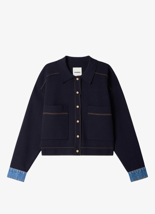 Sandro Fijngebreid vest met details van denim - voorkant donkerblauw