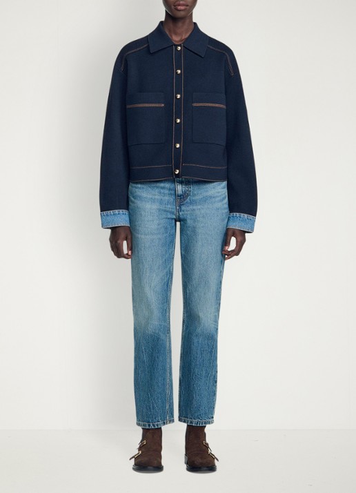 Sandro Fijngebreid vest met details van denim - voorkant 2 donkerblauw