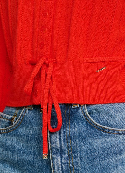 Sandro Fijngebreid vest met strikceintuur - detail 5 steenrood