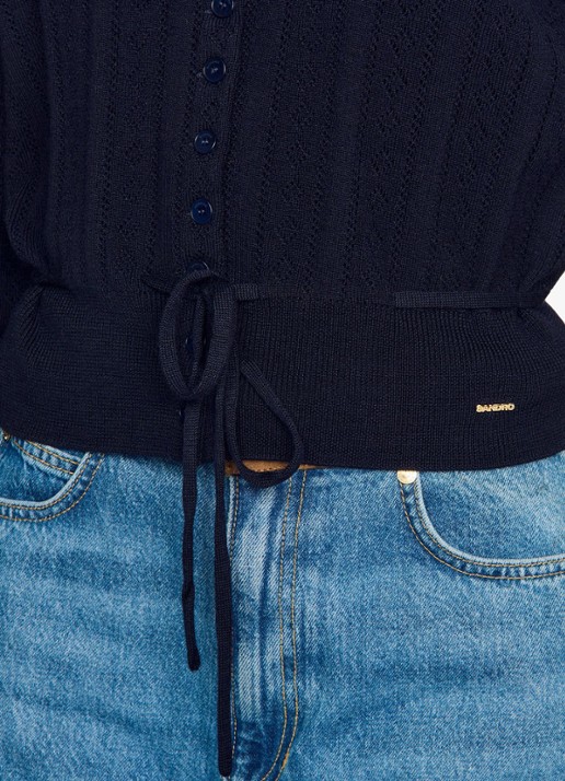 Sandro Fijngebreid vest met strikceintuur - detail 5 donkerblauw