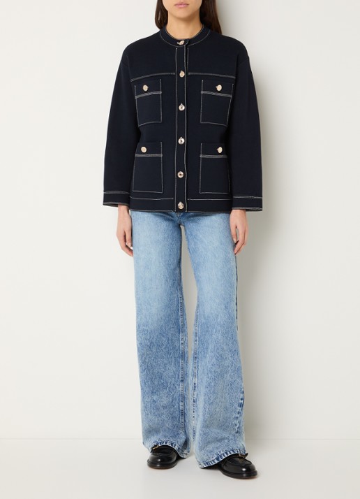 Sandro Fijngebreide blouse met borstzakken - voorkant 2 donkerblauw