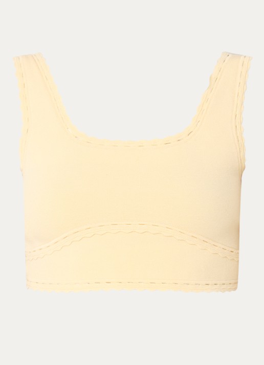Sandro Fijngebreide crop top met broderie detail - voorkant 3 geel