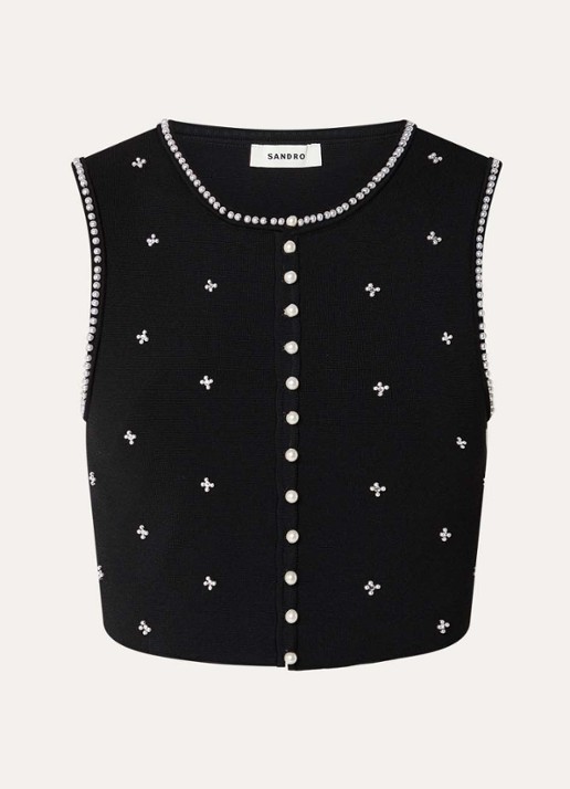 Sandro Fijngebreide crop top met imitatieparels - voorkant 3 zwart