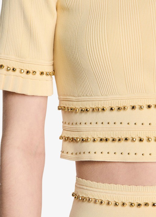 Sandro Fijngebreide crop top met kralendecoratie - detail 5 vanillegeel