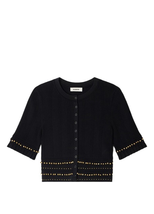 Sandro Fijngebreide crop top met kralendecoratie - voorkant 4 zwart