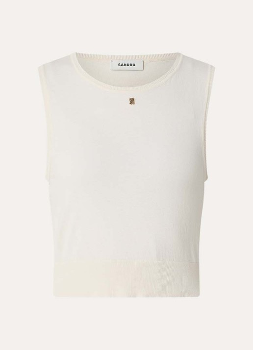 Sandro Fijngebreide crop top met logo - voorkant beige