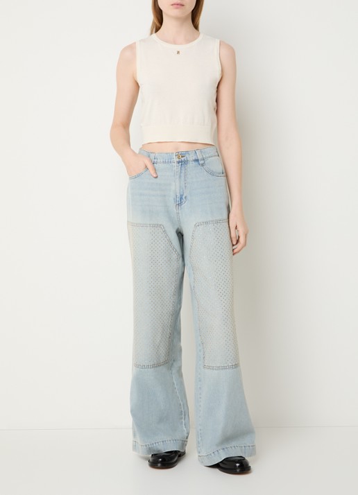 Sandro Fijngebreide crop top met logo - voorkant 2 beige