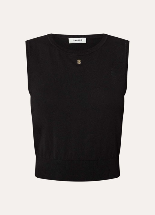 Sandro Fijngebreide crop top met logo - voorkant zwart