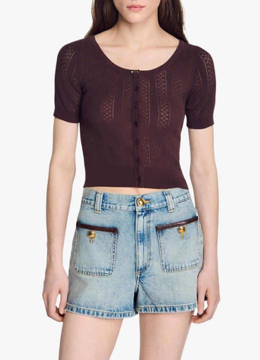 Sandro Fijngebreide crop top met opengewerkt dessin en knoopdetail