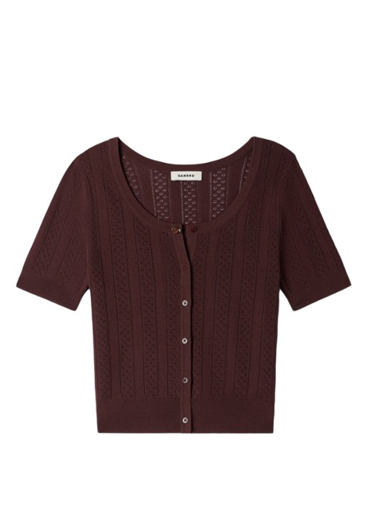 Sandro Fijngebreide crop top met opengewerkt dessin en knoopdetail - voorkant 2 bruin