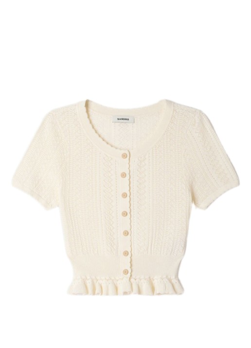 Sandro Fijngebreide crop top met opengewerkt dessin en knoopdetail - voorkant beige