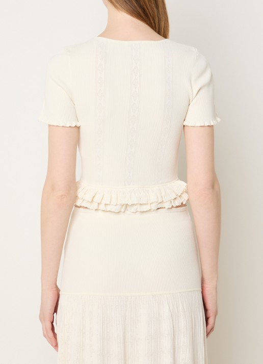 Sandro Fijngebreide crop top met ruches - achterkant gebroken wit