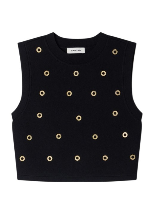 Sandro Fijngebreide crop top met studs - voorkant 5 zwart