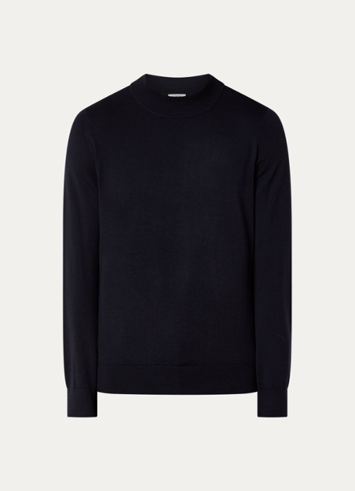 Sandro Fijngebreide pullover van wol met opstaande kraag - voorkant 3 donkerblauw