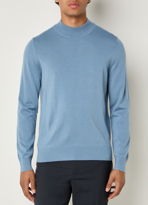 Sandro Fijngebreide pullover van wol met opstaande kraag - detail 3 staalblauw
