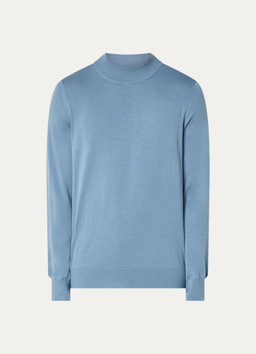 Sandro Fijngebreide pullover van wol met opstaande kraag - voorkant staalblauw