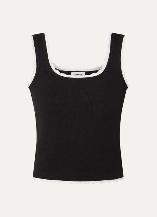 Sandro Fijngebreide tanktop met details van kant - voorkant 2 zwart