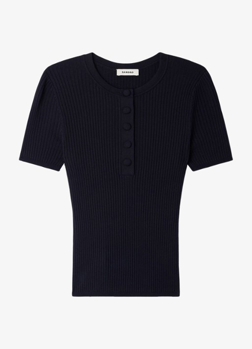 Sandro Gebreide trui met knopen - voorkant 5 donkerblauw