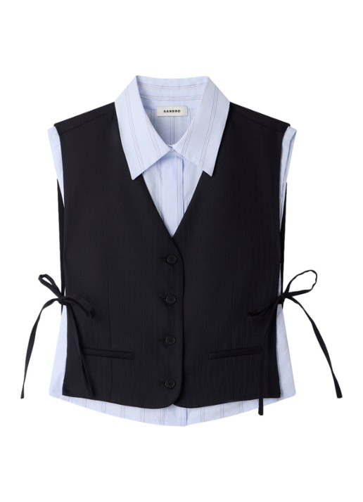 Sandro Gilet in wolblend met krijtstreep - voorkant 5 donkerblauw