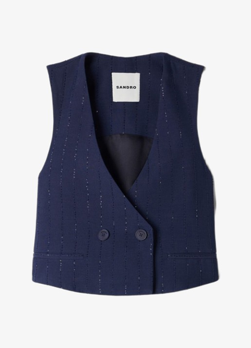 Sandro Gilet met gestreept detail en V-hals - voorkant dark navy / blauw