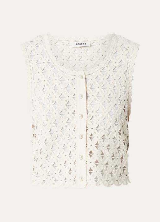 Sandro Gilet met opengewerkt dessin en imitatieparels - voorkant 3 beige