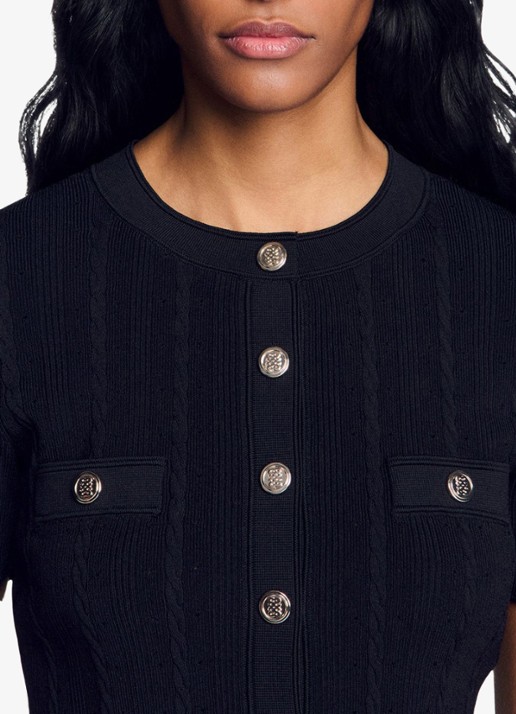Sandro Grofgebreide blouse met borstzak - detail 5 zwart