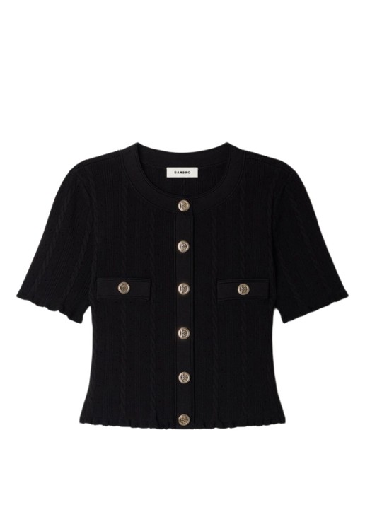 Sandro Grofgebreide blouse met borstzak - voorkant zwart